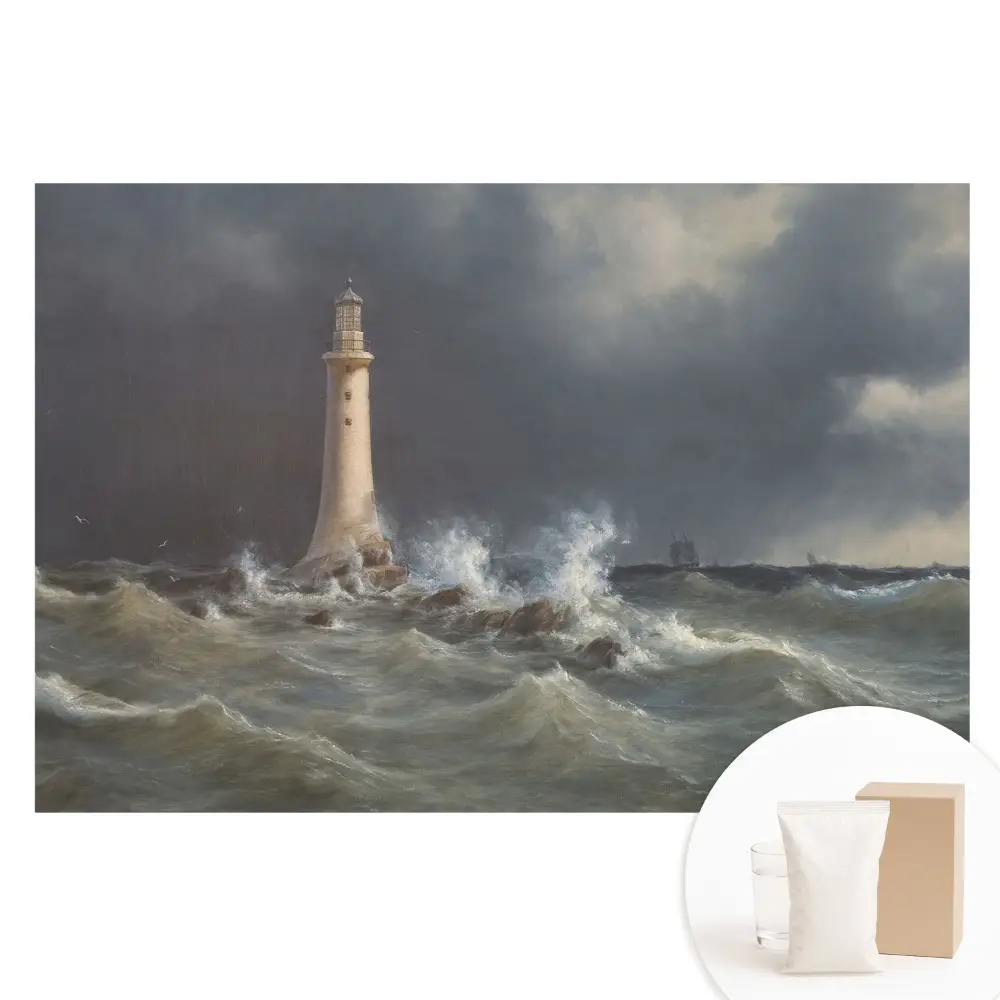 Papier peint panoramique intissé Mer agitée avec phare et navire au loin