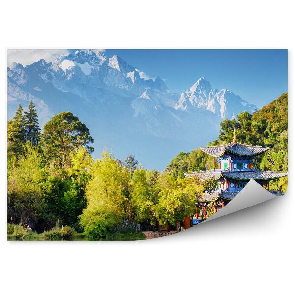 Papier peint Pavillon Asie Nature Plantes Montagnes enneigées