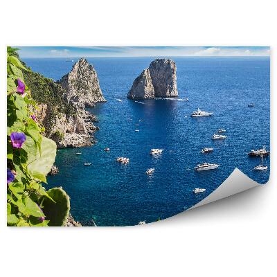 Papier peint Italie île fleurs bateaux rochers