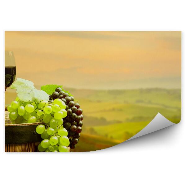 Papier peint Baril de vin rouge Vignoble Raisins Toscane Verres
