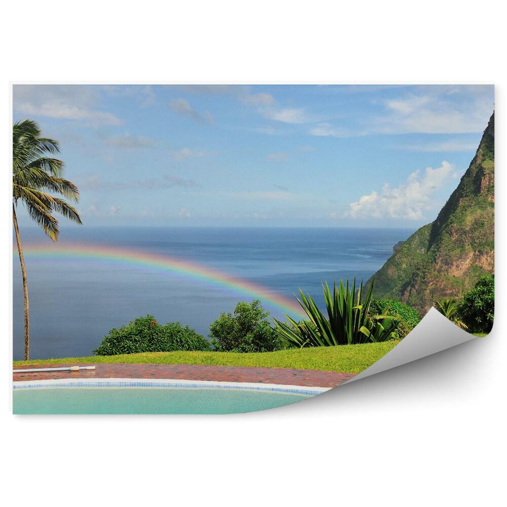 Papier peint Piscine Rochers Océan Palmiers Ciel Nuages Arc-En-Ciel