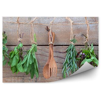 Tapisserie panoramique Épices herbes brins ficelle bois couverts