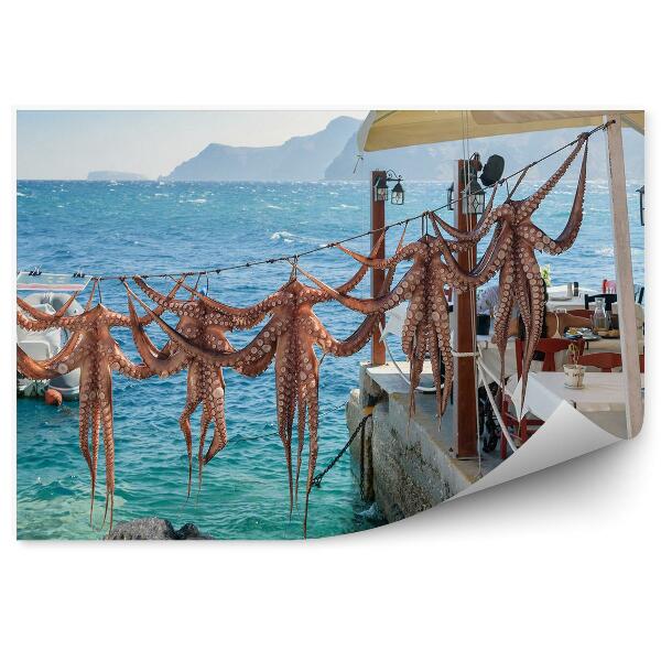 Papier peint Pieuvres Yachts Roches de mer Taverne grecque Santorin Grèce
