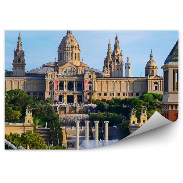 Papier peint Musée National de Catalogne Barcelone Arbres Ciel Nuages