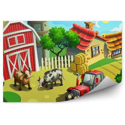 Tapisserie panoramique Tracteur animaux village coloré