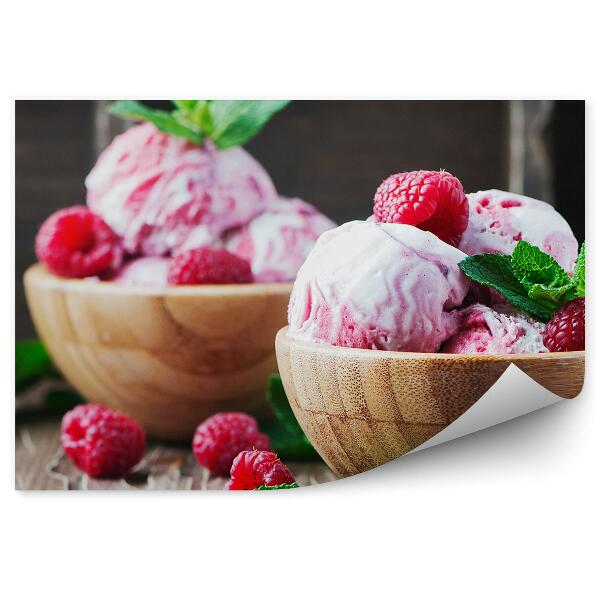 Tapisserie panoramique Bols en bois crème glacée framboise fruits menthe fraîche