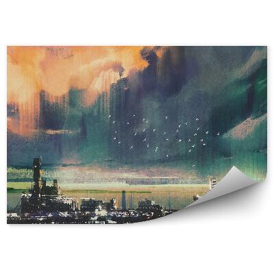 Papier peint Ville Science-Fiction Lac Ciel Coloré Oiseaux