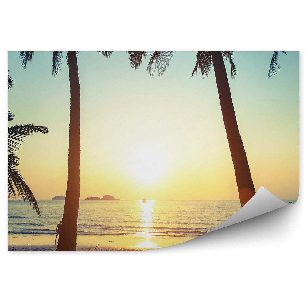 Papier peint Homme De La Plage Palmiers Coucher De Soleil
