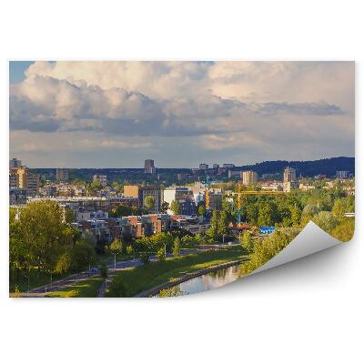 Papier peint Vue De La Tour Gediminas Bâtiments Gratte-Ciel Arbres Rivière Trottoir Ciel Nuages Vilnius