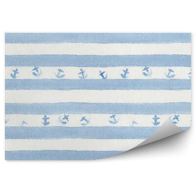 Papier peint Rayures bleues et ancres sur fond blanc aquarelle