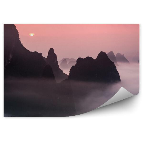 Papier peint Brouillard Des Montagnes Au Coucher Du Soleil