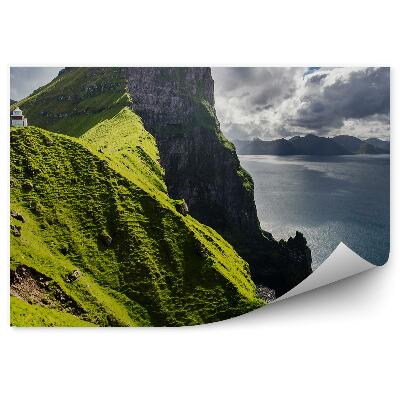 Papier peint Phare De Kallur Îles Moutons Montagnes Herbe Océan Ciel Nuages