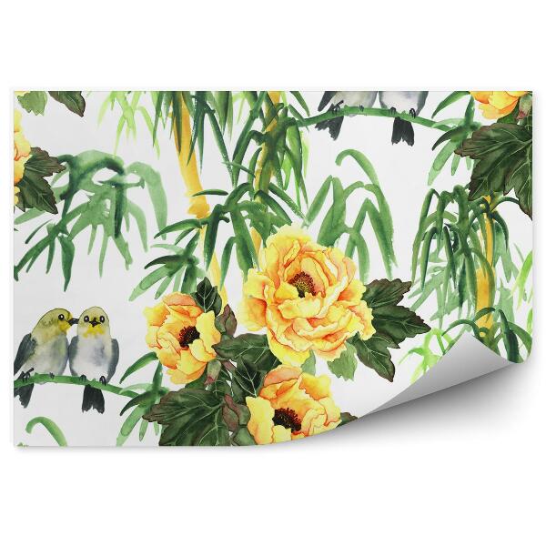 Papier peint Aquarelle De Pivoines Et D'oiseaux