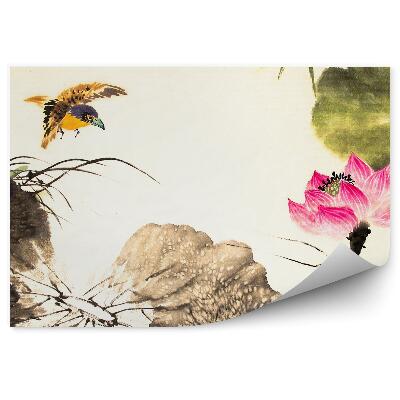 Papier peint Fleur de lotus rose oiseau jaune feuilles grises image