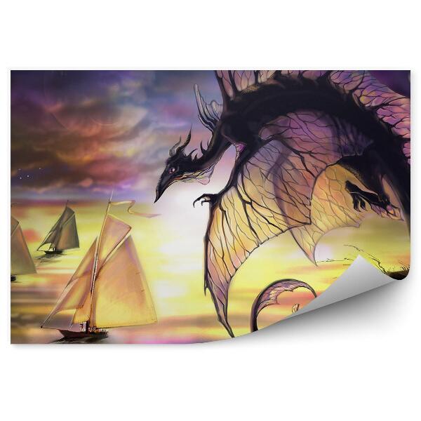 Papier peint panoramique Dragon ailes transparentes bateau sur lac