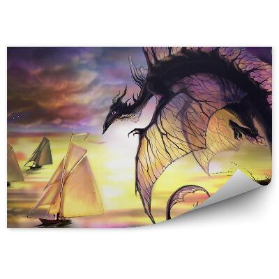 Papier peint panoramique Dragon ailes transparentes bateau sur lac