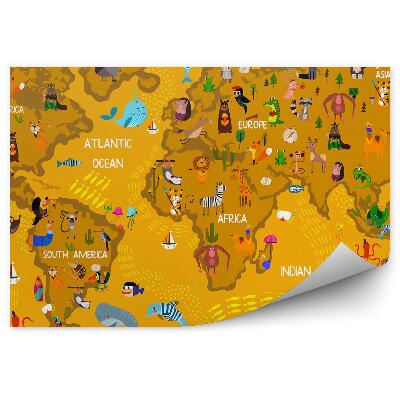 Tapisserie murale Carte du monde marron pour les enfants noms des animaux