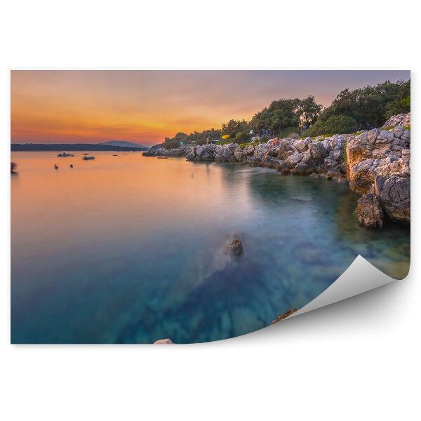 Papier peint Coucher de soleil côte rocheuse mouvement de l'eau