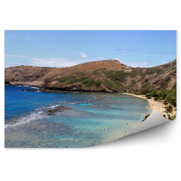 Papier peint Belle Plage Ile Oahu Océan Gens Montagnes Palmiers Ciel Hawaii