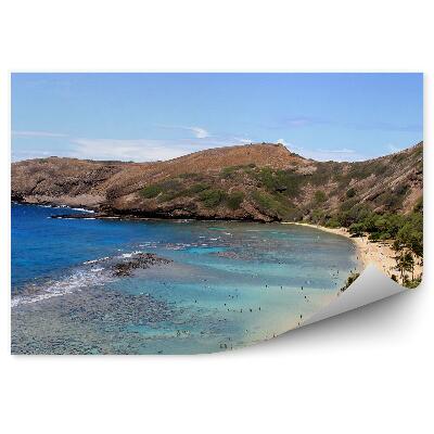 Papier peint Belle Plage Ile Oahu Océan Gens Montagnes Palmiers Ciel Hawaii