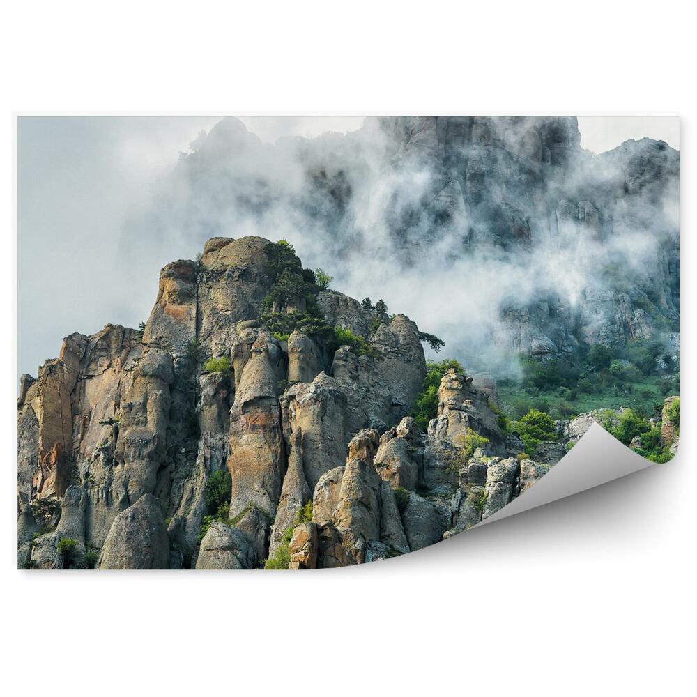 Papier peint Montagne Demerdji Rochers Plantes Ciel Nuages Brume