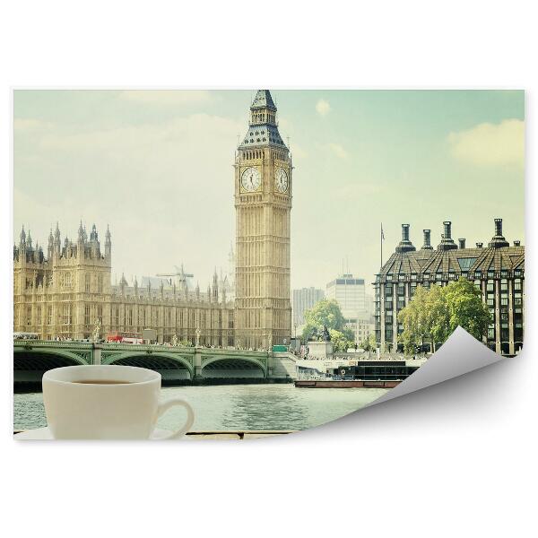 Tapisserie panoramique Tasse à café table en bois london big ben view