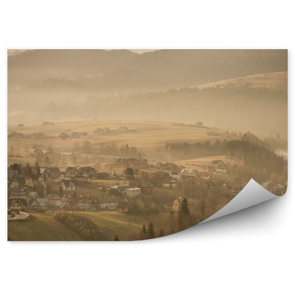 Papier peint Vue Brumeuse Route Pieniny Ville Arbres Montagnes