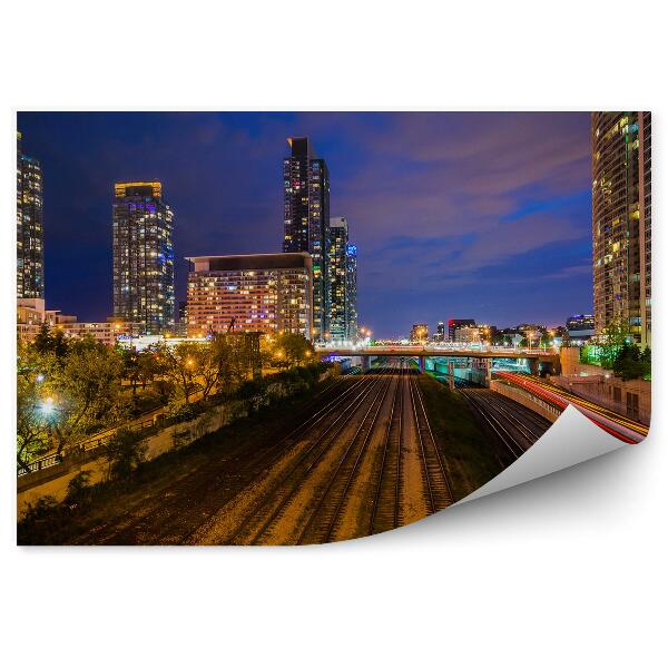 Papier peint Chemins de fer nuit ville pont trafic