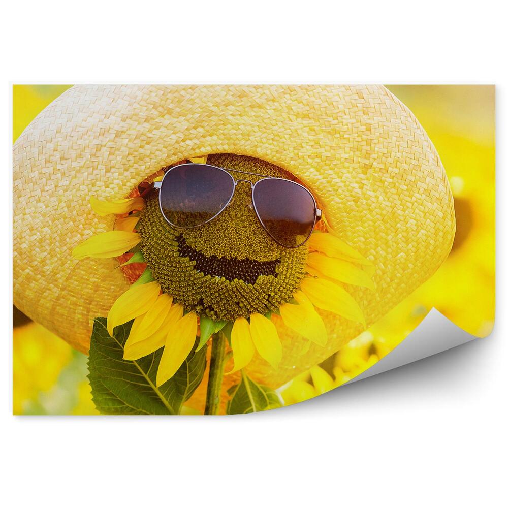 Papier peint Funny sunflower with glasses and hat flowers (Tournesol amusant avec des lunettes et un chapeau)