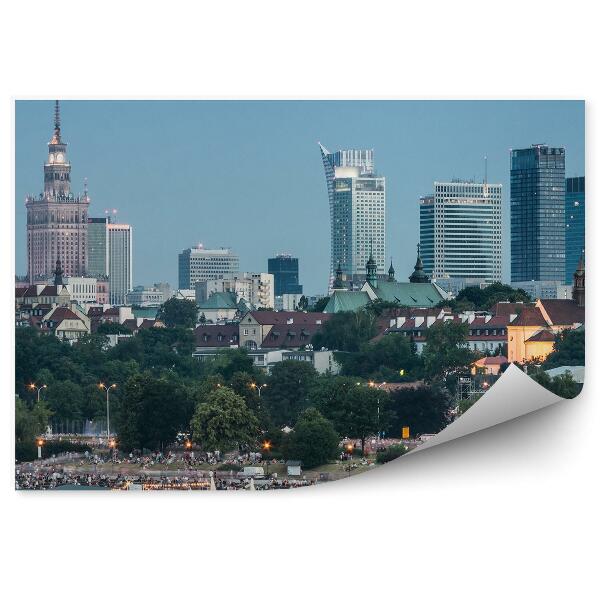 Papier peint Panorama De Varsovie Gratte-Ciel Bâtiments Route Ciel Nuages Bateaux Escaliers Nuit
