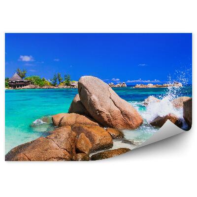 Papier peint Pierres Océan Plantes Cottage Ciel Nuages Seychelles
