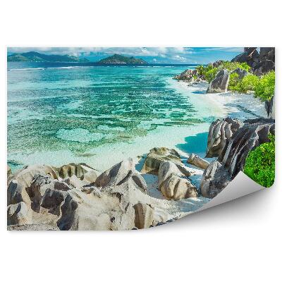 Papier peint Roches Plantes Océan Ciel Nuages Seychelles