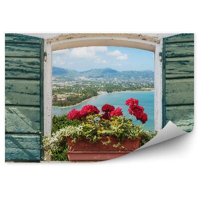 Papier peint Fenêtre avec volets et géraniums vue sur la baie