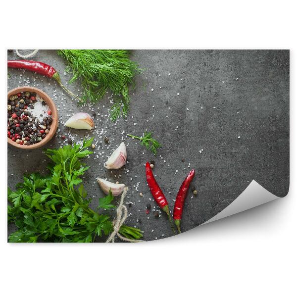 Tapisserie panoramique Herbes fraîches épices sel ail