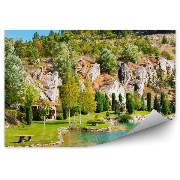 Papier peint Maison Rochers Arbres Océan Vert Ciel Nuages Montagnes
