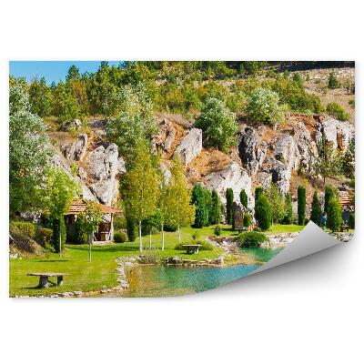 Papier peint Maison Rochers Arbres Océan Vert Ciel Nuages Montagnes