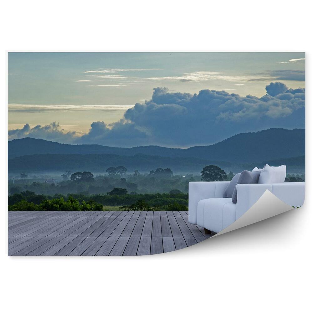 Papier peint Canapé 3d Terrasse En Bois Vue Montagne Arbres Nuages Ciel