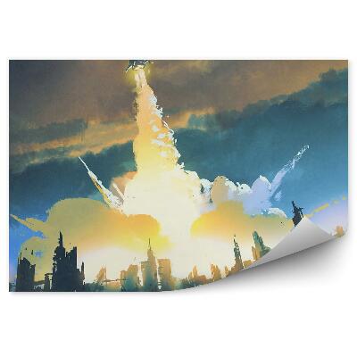Tapisserie murale Fusée lançant une ville abandonnée