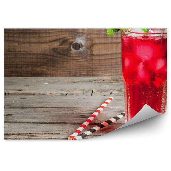Papier peint panoramique Thé glacé jus de fruit glace menthe pailles bois