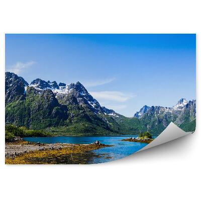 Papier peint Panorama Montagnes Hiver Neige Vert Chien Immeuble Lac