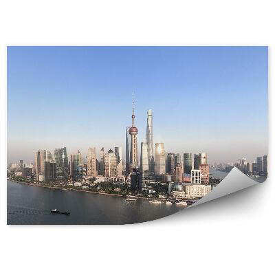 Papier peint Vue Panoramique Shanghai Gratte-Ciel Arbres Bateaux Océan Vue Ciel