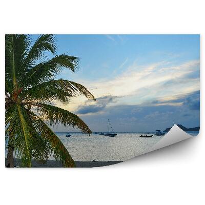 Papier peint Plage Caraïbes Mer Palmes Chaise longue Navires Ciel Nuages