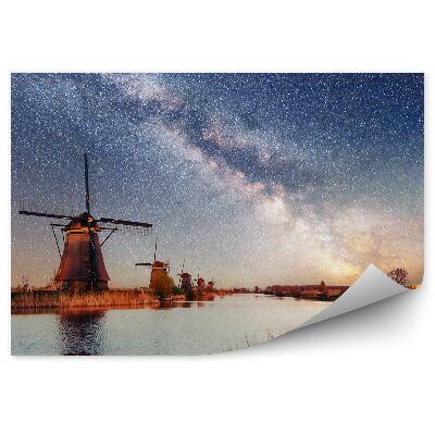 Papier peint Ciel De Moulin Hollandais Lac Herbes Ciel Étoilé Galaxie Voie Lactée Étoiles Filantes