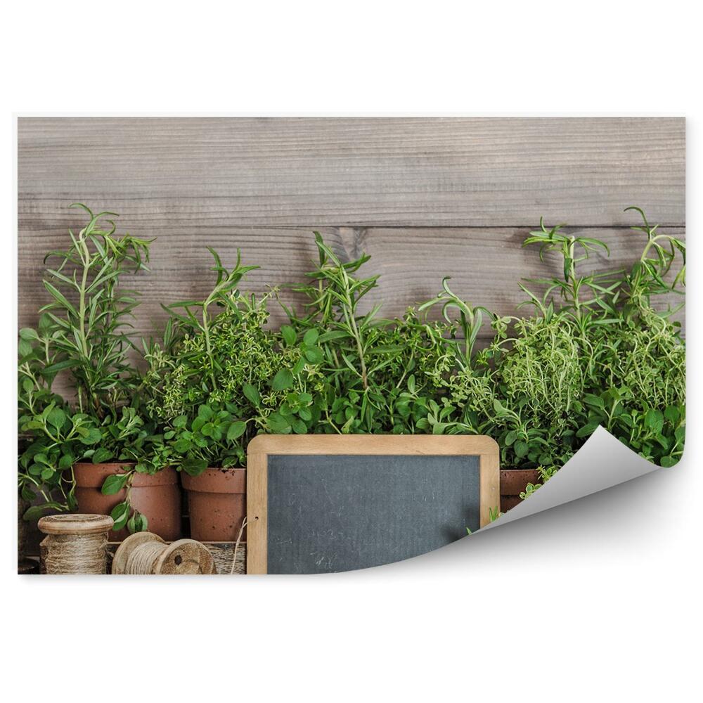 Tapisserie murale Cuisine herbes en pot outils ficelle bois