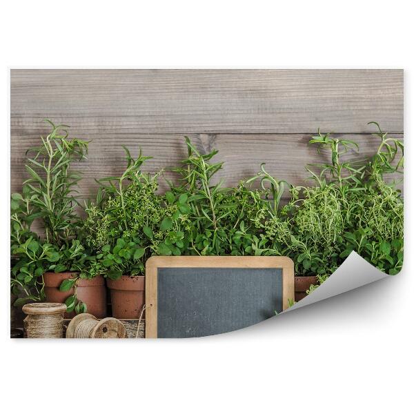 Tapisserie murale Cuisine herbes en pot outils ficelle bois