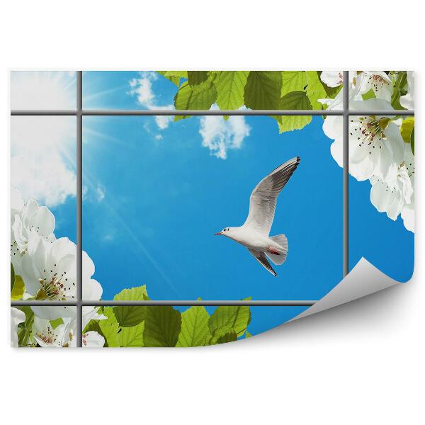 Papier peint Oiseau blanc arbre fleuri ciel bleu