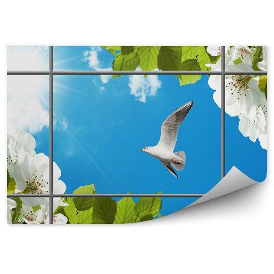 Papier peint Oiseau blanc arbre fleuri ciel bleu