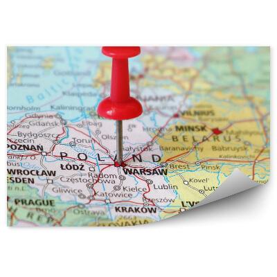 Papier peint Carte de la Pologne pays épinglé en rouge