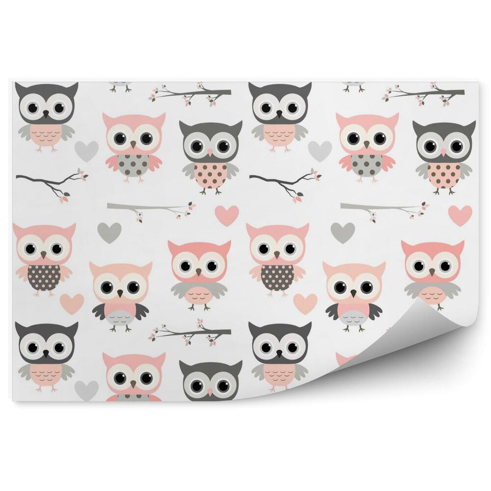 Papier peint panoramique Hiboux roses en dessin animé