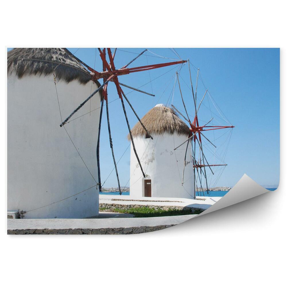 Papier peint Îles de Mykonos, moulins à vent, eau